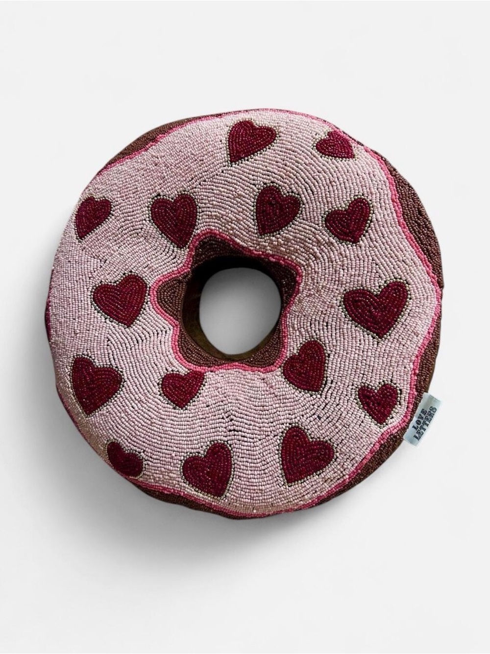 Whimsy Beaded Pink Heart Donut Accent Pillow - Decorative Throw Cushion